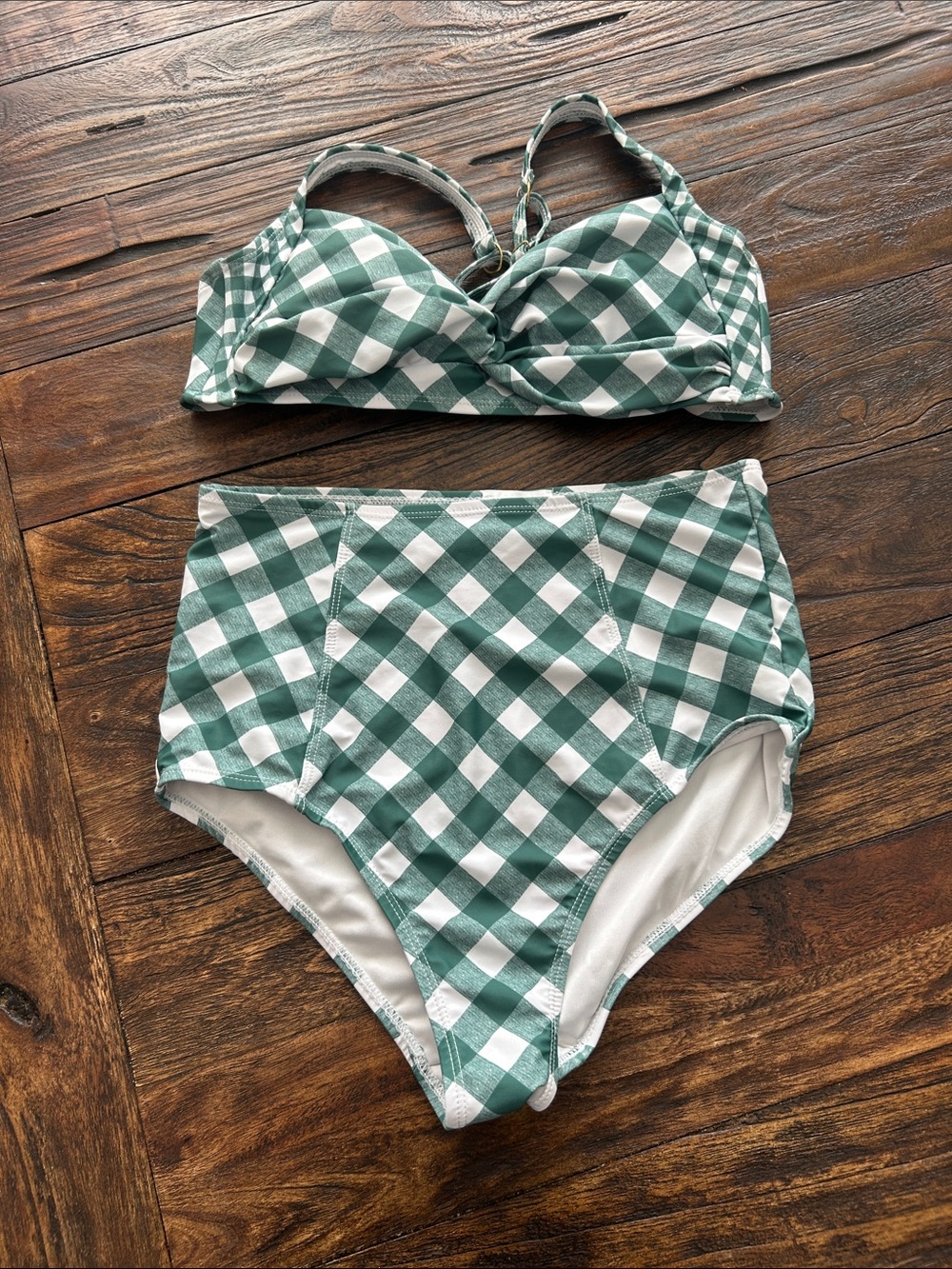 High-Waist Green Gingham Bikini Set — Twist Front Top